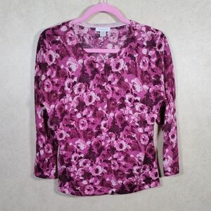 01W01 Garnet Hill purple & pink floral merino wool button front cardigan L NEW